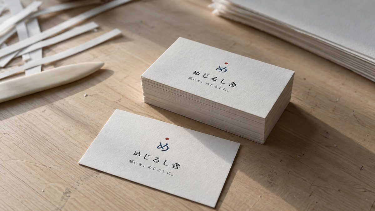 窓辺の作業台に置いた、刷り上がったばかりの名刺
